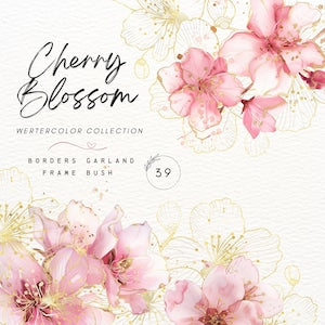 Watercolor cherry blossom clipart with pink and gold flowers and decorative frame