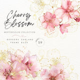 Watercolor Abstract Cherry Blossoms Clipart,Abstract Flowers Clipart,Pink Gold Flower PNG,Gold Foliage,Wedding Clipart,Watercolor Frame