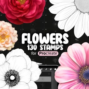 Flower stamp brush set with 130 floral stamps for Procreate, featuring roses and daisies