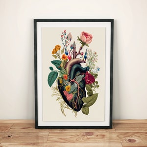 Framed botanical heart poster with colorful flowers and leaves in vintage style