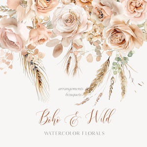 Watercolor boho floral bouquet clipart with pale roses, wheat, and pampas grass