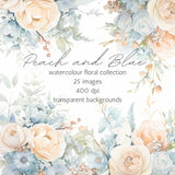 Blue Floral Clipart, Peach Floral Clipart, Peach and Blue Clipart, Watercolor Clipart, Floral Clipart, Watercolor Floral, Wedding Clipart