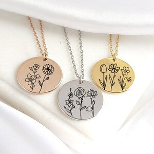 Round birth flower coin pendant necklace with thin chain, floral line art pendants
