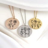 Combined Birth Flower Necklace, custom engraved Birth Month flower bouquet coin pendant, personalized birthday gift for mom, sister, wife
