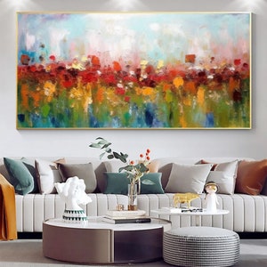 Colorful floral abstract wall painting on rectangular canvas, vibrant flower shapes