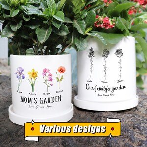 Personalized white plant pot set with birth-flower illustrations and garden text