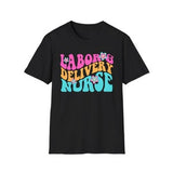 Black short-sleeve shirt with 'Labor & Delivery Nurse' colorful floral graphic