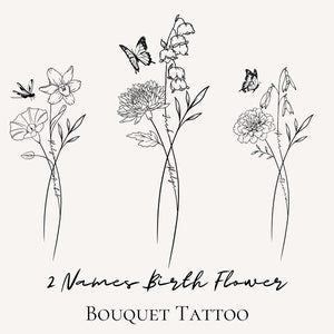 Birth flower bouquet tattoo design with line-art flowers and butterflies