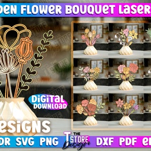 Wooden laser-cut flower bouquet home decor set with painted pink, yellow, and green flowers