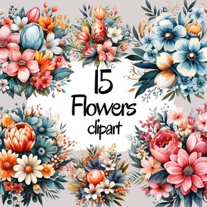 Watercolor floral clipart set with assorted pink, blue, and orange flowers, '15 Flowers clipart'