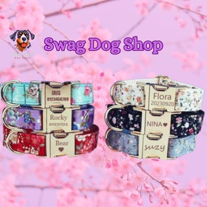 Floral dog collar set with colorful patterned straps and metal buckles