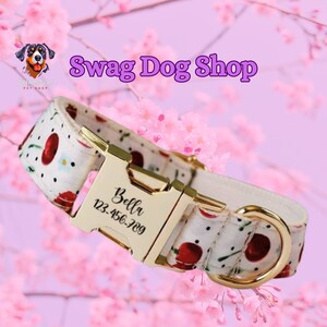 Cherry-pattern dog collar with gold buckle and adjustable strap