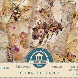 Vintage floral bee journal printable set, collage of antique pages with flowers and bees