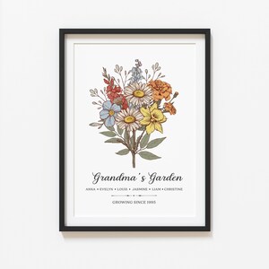Framed birth flower art print with orange and yellow blooms, "Grandma's Garden" text