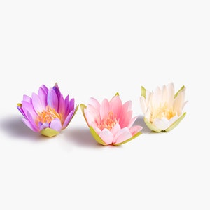 Artificial floating lotus flowers, purple, pink, and cream faux silk blooms