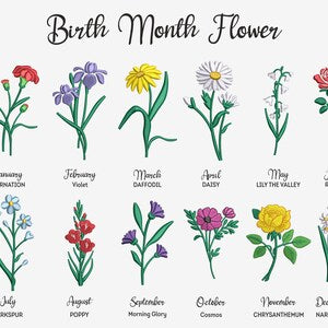 Birth month flower embroidery design bundle with 12 machine-stitched floral illustrations