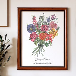 Framed floral bouquet print with multicolor flowers and small decorative text