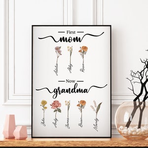 Framed flower print with 'First Mom' and 'Now Grandma' text and three birth-month stems