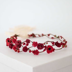 Burgundy red flower crown headband with small roses and ribbon ties