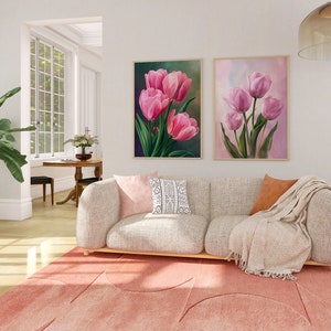 Pair of framed wall art prints featuring pink tulip flower bouquets, floral poster design