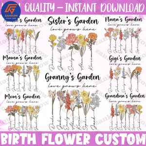 Custom birth flower PNG bundle with multiple garden bouquet illustrations and titles