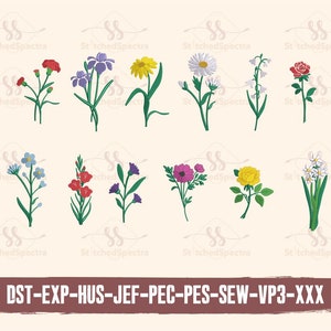 Wildflower embroidery design set, 12 pairs of machine-stitched digital files, colorful blooms