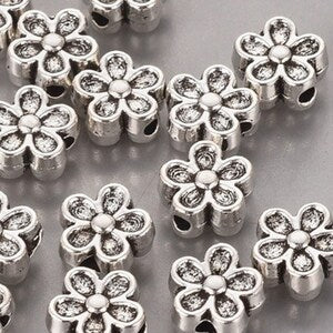 Antique silver 5-petal flower beads, Tibetan style, 10-pack