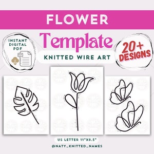 Flower template digital download for knitted wire art, 20+ designs with flower line drawings