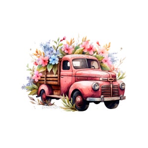 Vintage red flower truck clipart with watercolor floral wreath