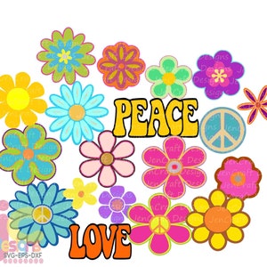 Retro peace and love flower SVG set with multicolor groovy blooms and peace symbol