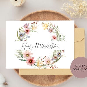 Mother's Day printable card with floral wreath and Happy Mother's Day text