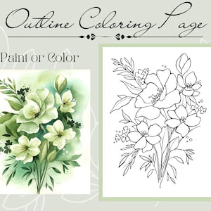 Flower bouquet coloring template with detailed outline drawing on white page