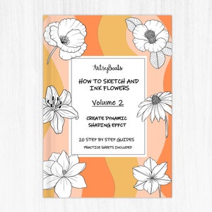 Flower drawing workbook cover with line-art white flowers and step-by-step sketching text