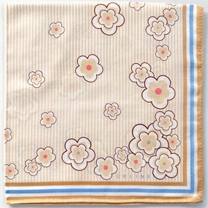 Celine vintage pocket square handkerchief, cream floral print with blue border