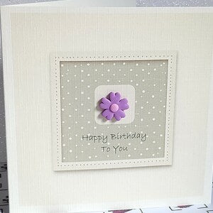 Happy Birthday greeting card with lavender 3D flower on dotted square, 'Happy Birthday To You'