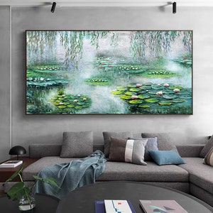 Framed canvas landscape painting with water lilies and lotus flowers on a pond