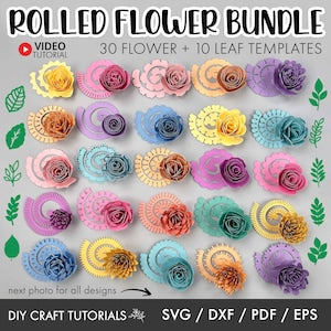 Rolled paper flower SVG bundle with multicolor 3D rolled roses and leaf templates
