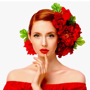 Red floral portrait painting of a woman with red off-shoulder dress and bouquet