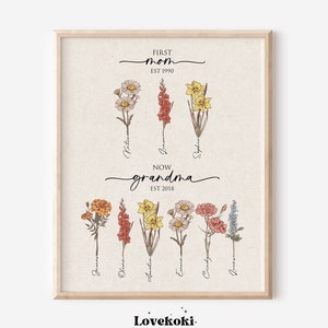 Framed floral wall art print with botanical flower stems and cursive Grandma text
