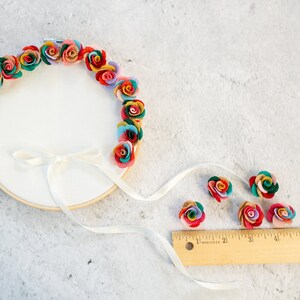 Mini rainbow fabric flower appliques, multicolor spiral 3D design with small pieces