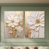 A set of 2 Original Gold Flower Painting on Canvas Custom Framed Creamy Textured Wall Art Abstract Floral Art Living Room Decor Gift For Her