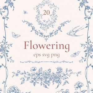 Floral frame and border line art with dove and floral motifs, text 'Flowering'