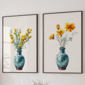 Set of 2 framed watercolor botanical flower prints with blue vase and spring stems