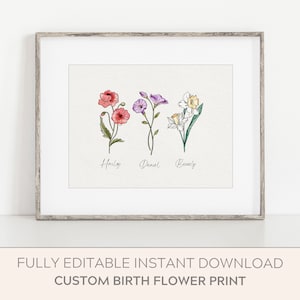 Framed birth-flower print with three colorful blooms and small bird accents