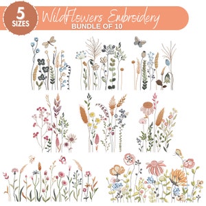 Wildflower meadow machine embroidery design bundle with assorted wildflower sketch set
