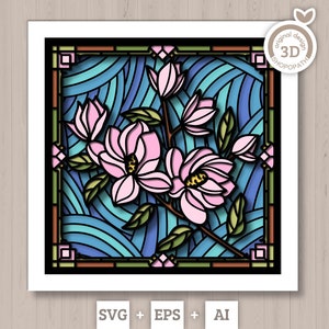Stained glass magnolia flower shadow box SVG with pink blooms in teal pane, 3D layered frame
