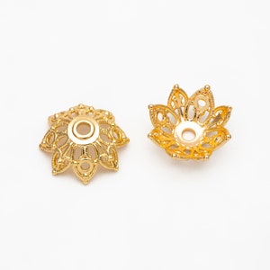 Gold floral bead cap set with round hole, gold-plated brass flower end caps
