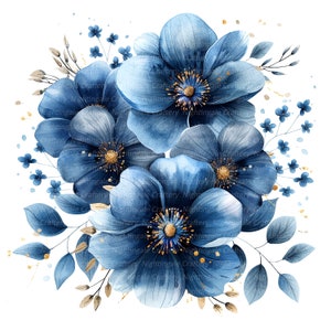 8 Navy Blue Flowers Clipart, Flowers Print, Printable Watercolor clipart, High Quality JPGs, Digital download, Paper craft, junk journals