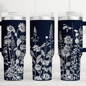 Laser SVG tumbler wrap design with navy and white wildflower full-wrap pattern