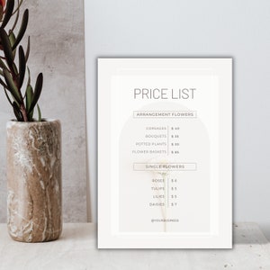 Printable flower price list card template in a white frame with pastel text